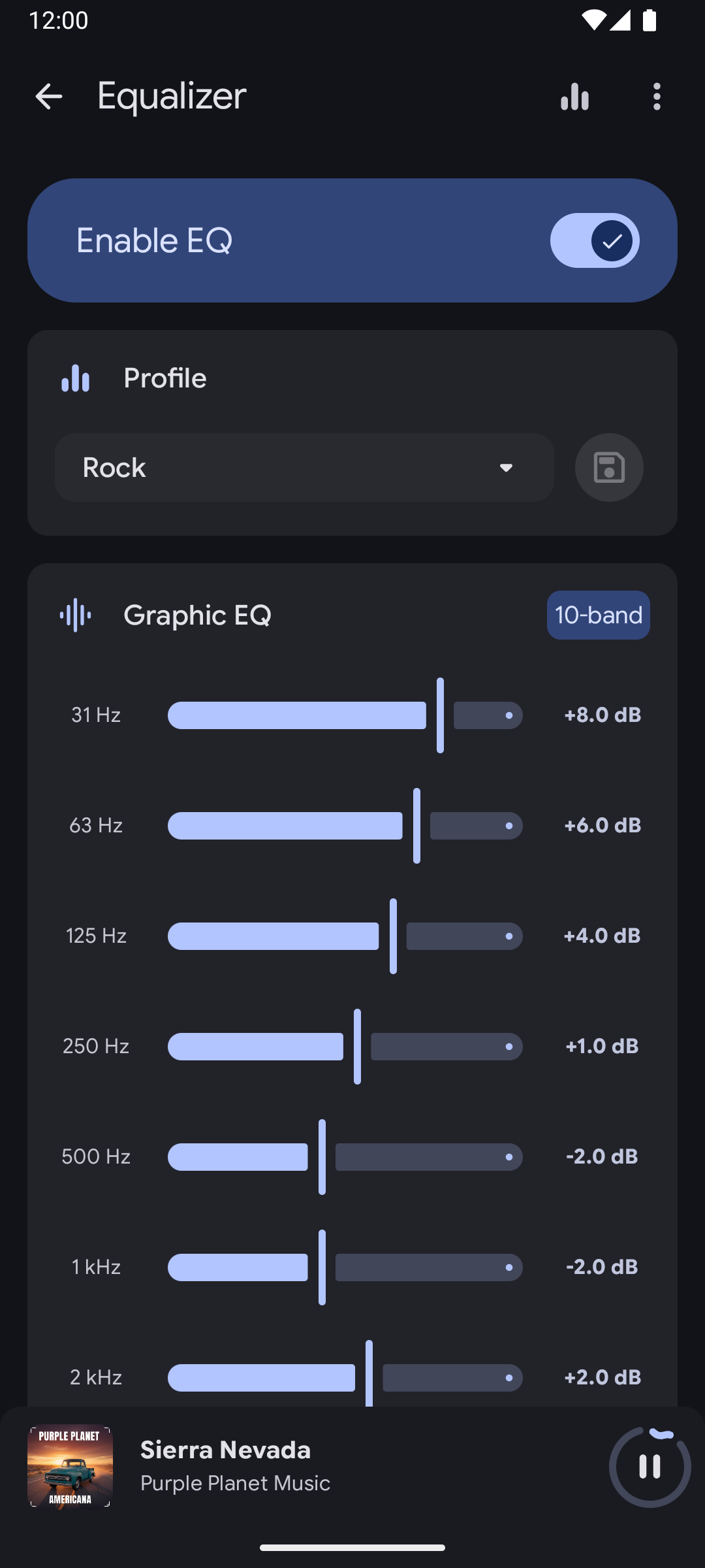 Booming Music audio controls screen